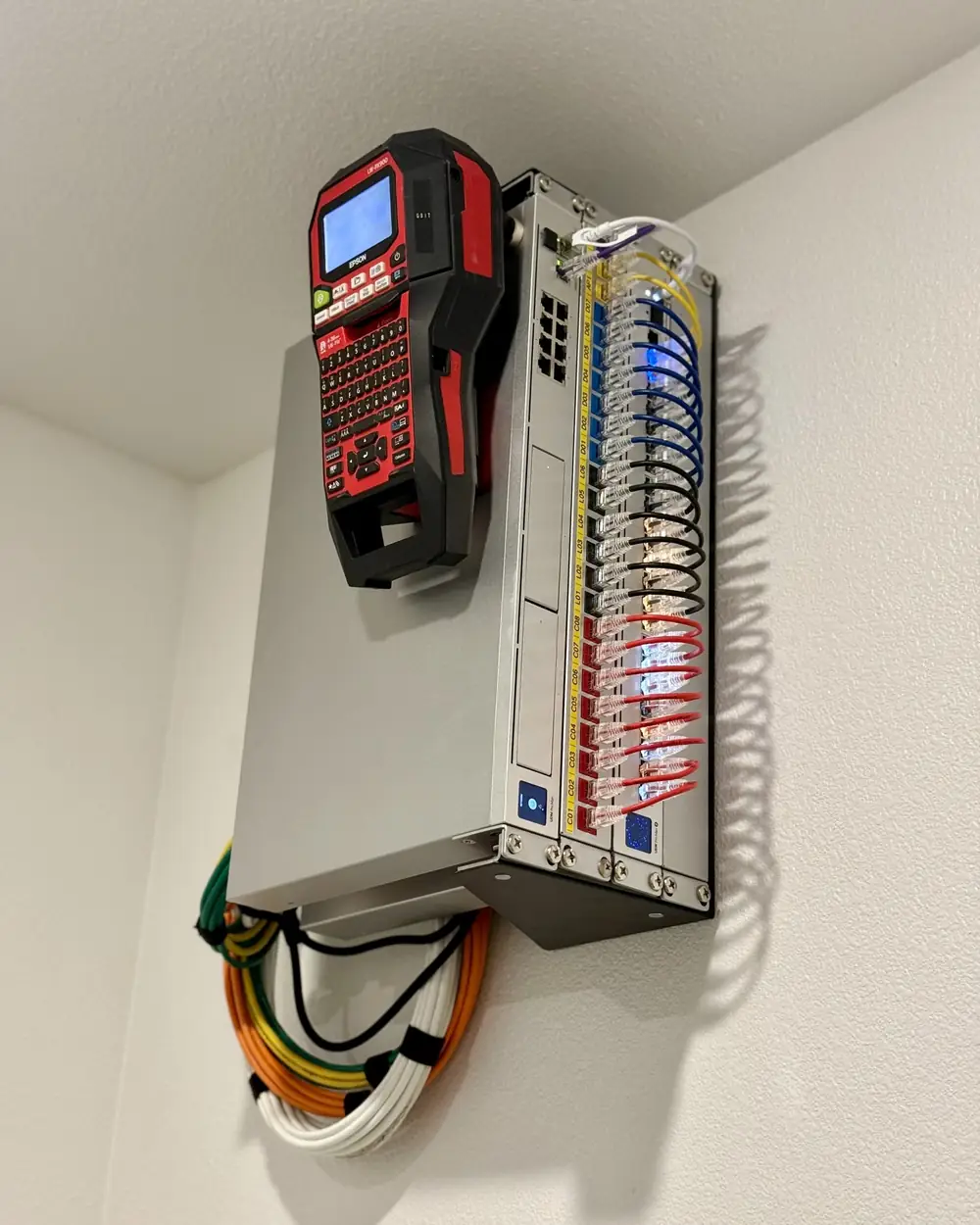 Wall-mounted network enclosure with patch cables