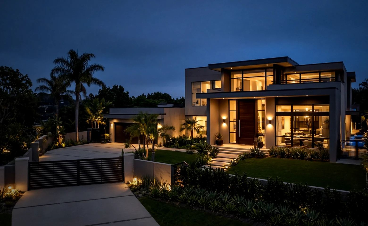 Modern home at dusk with a Sight coverage overlay: UniFi camera fields of view over the driveway, gate and front lawn, a WiFi access point, a door access reader and the front property line