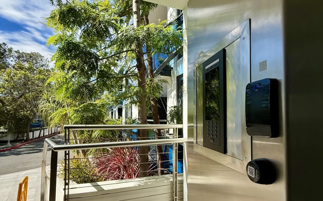 Entry walkway with the UniFi Access intercom pedestal