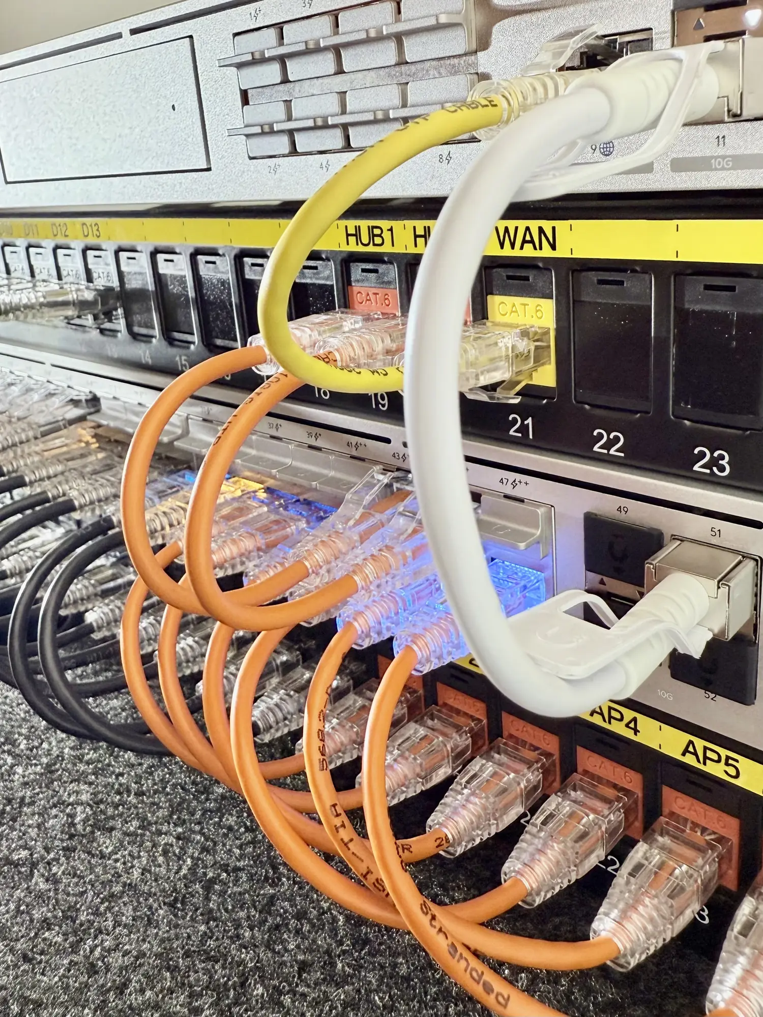 Network rack with UniFi switches and labeled patch panel