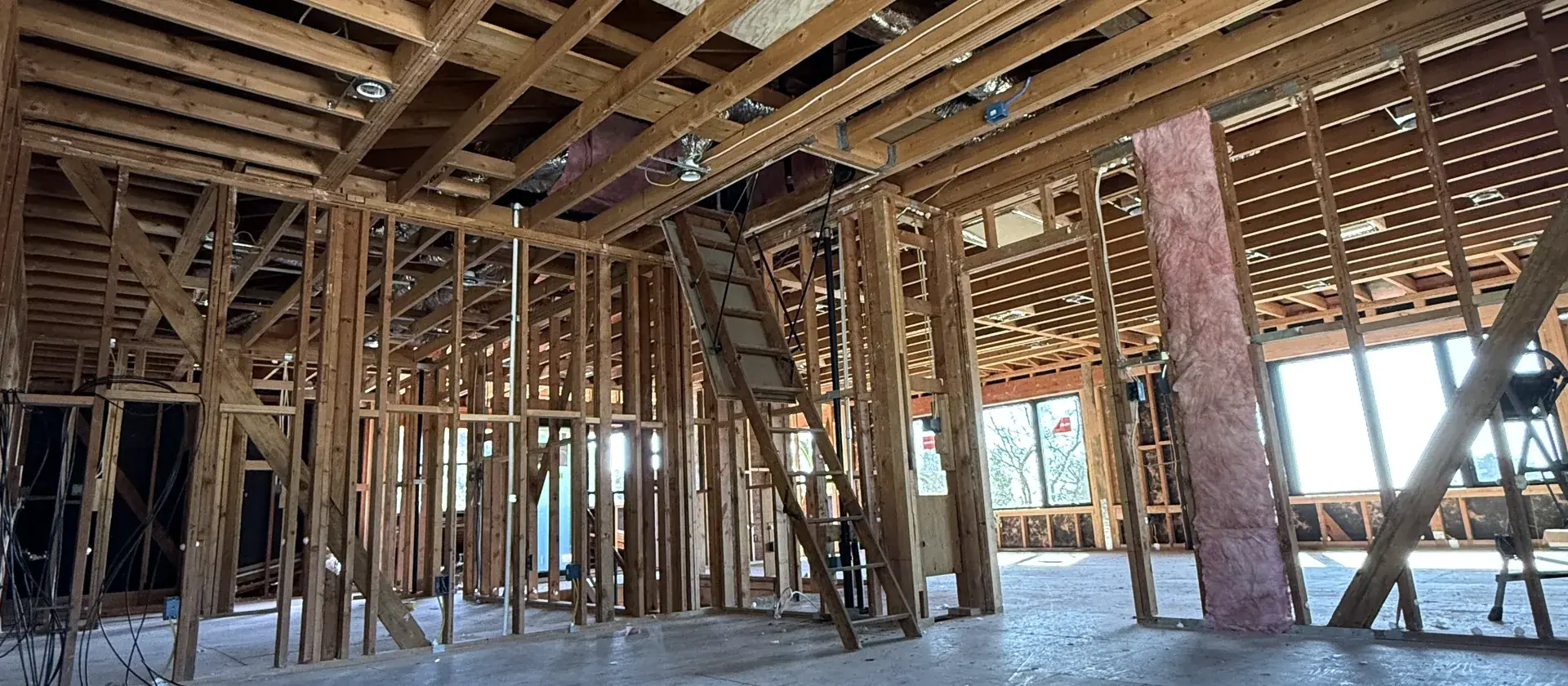 Wood framed interior during the renovation