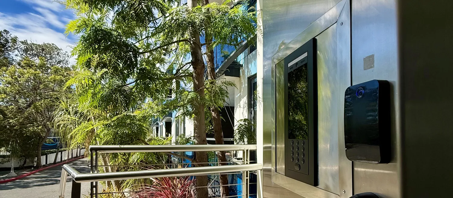 Entry walkway with the UniFi Access intercom pedestal