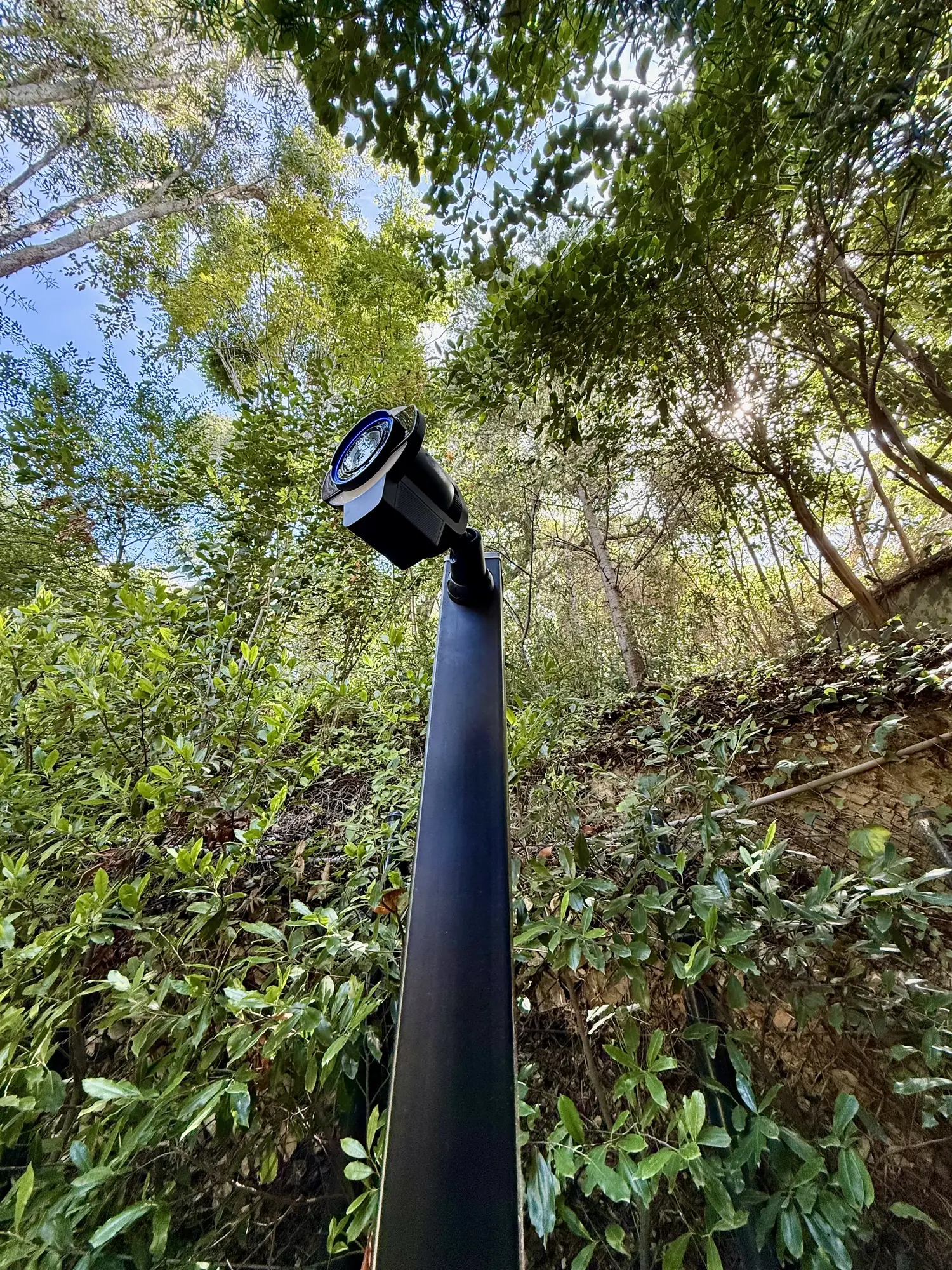 UniFi Protect camera on a tall post on the hillside