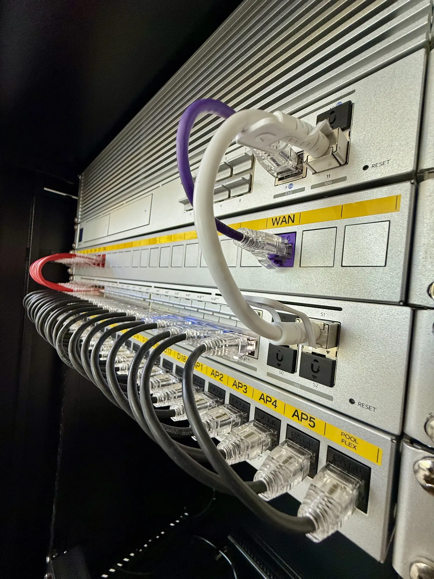 Rack with UniFi gateway, switch and labeled patch panels