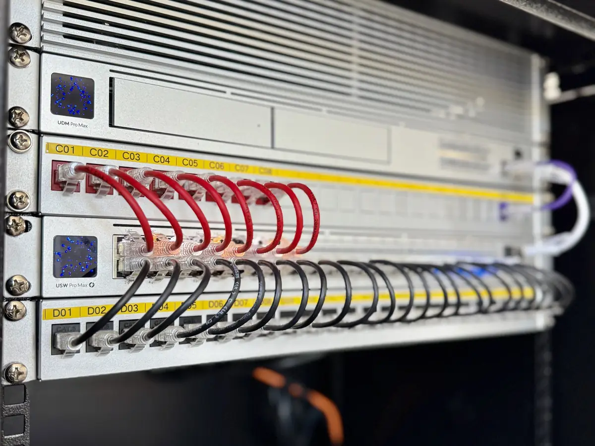 Rack with Dream Machine Pro Max, UniFi switch and patch panels