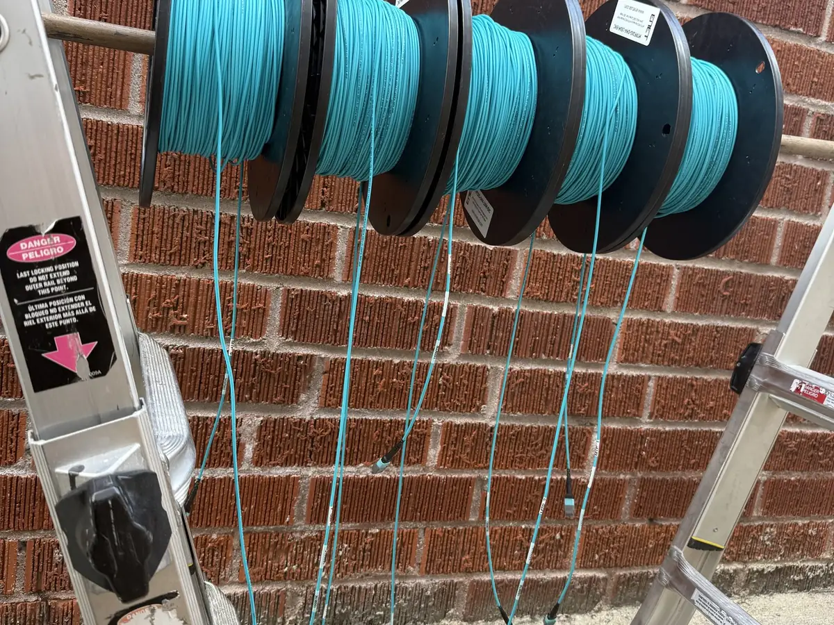 Spools of network cable ready to pull