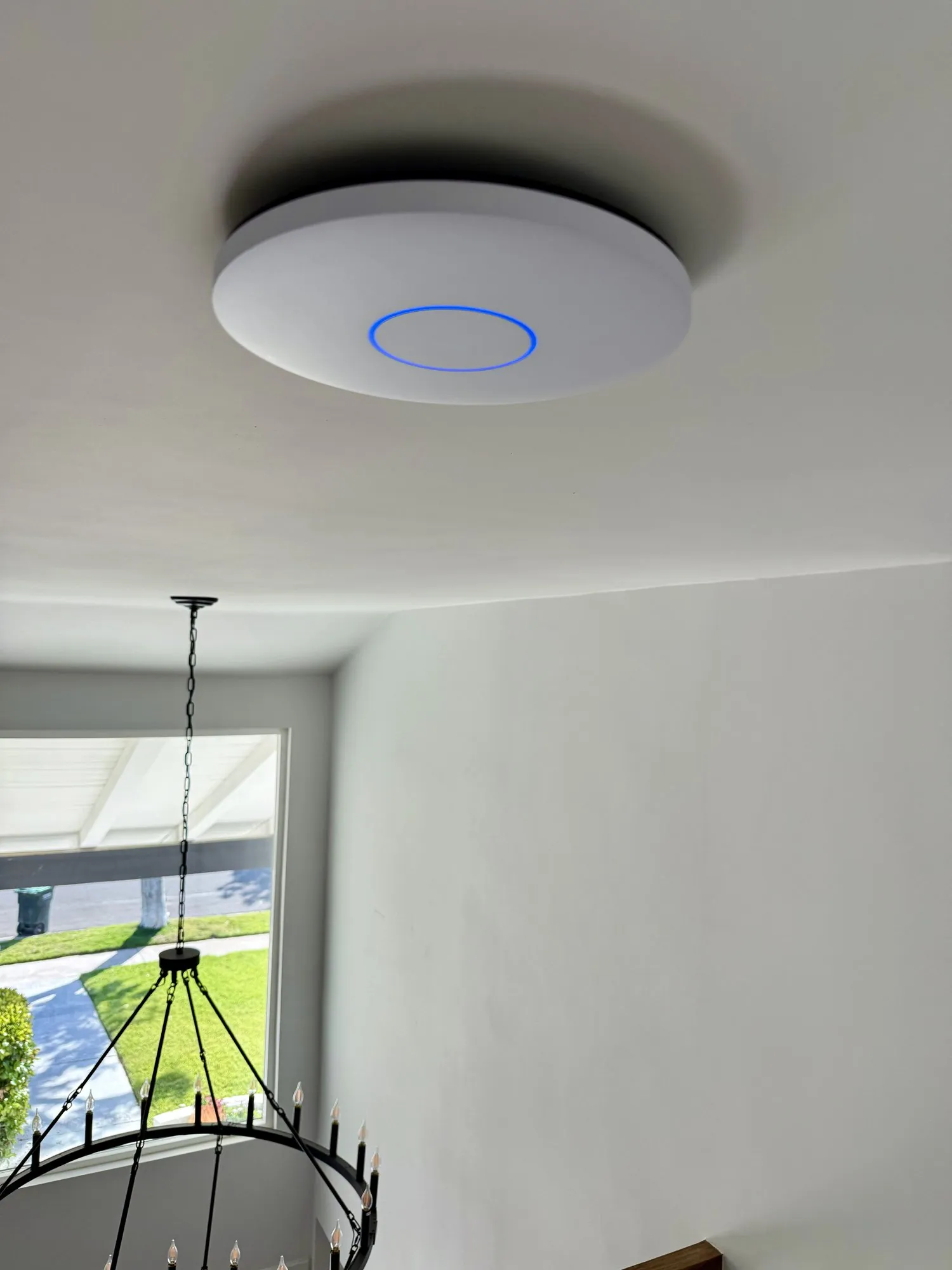 UniFi access point on a white ceiling