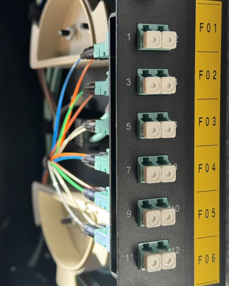 Fiber patch panel with labeled LC duplex adapters F01 to F06