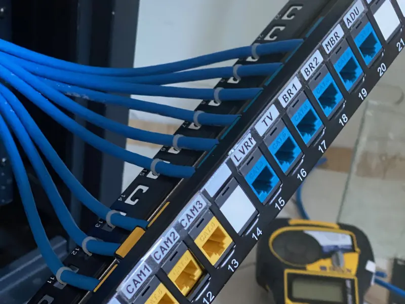 Patch panel labeled by room and camera