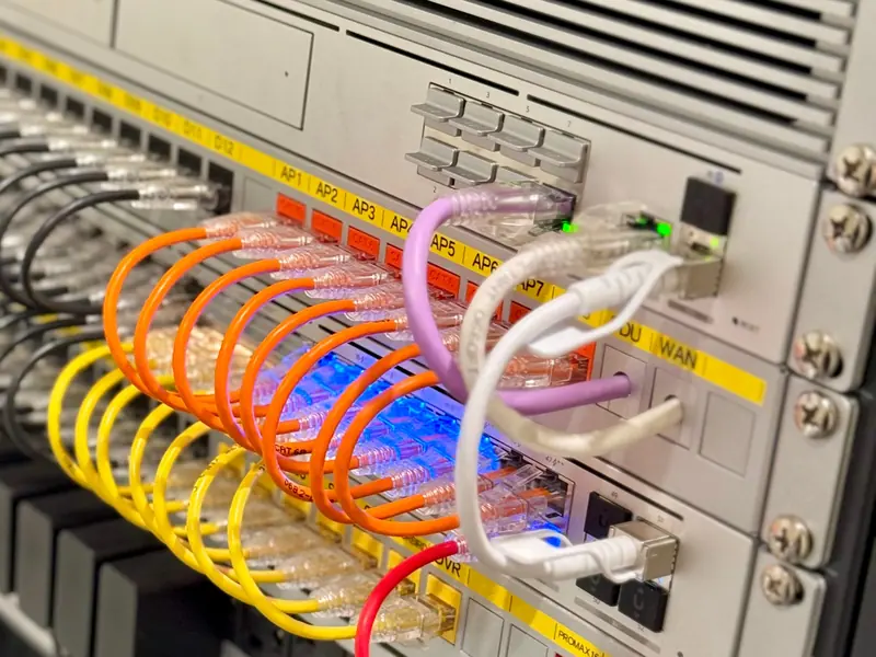 UniFi rack with labeled patch panels