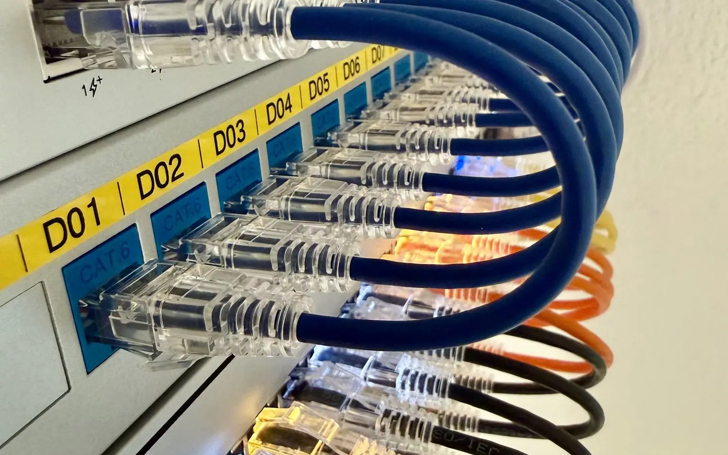 Blue patch cables with CAT.6 tags plugged into a labeled patch panel