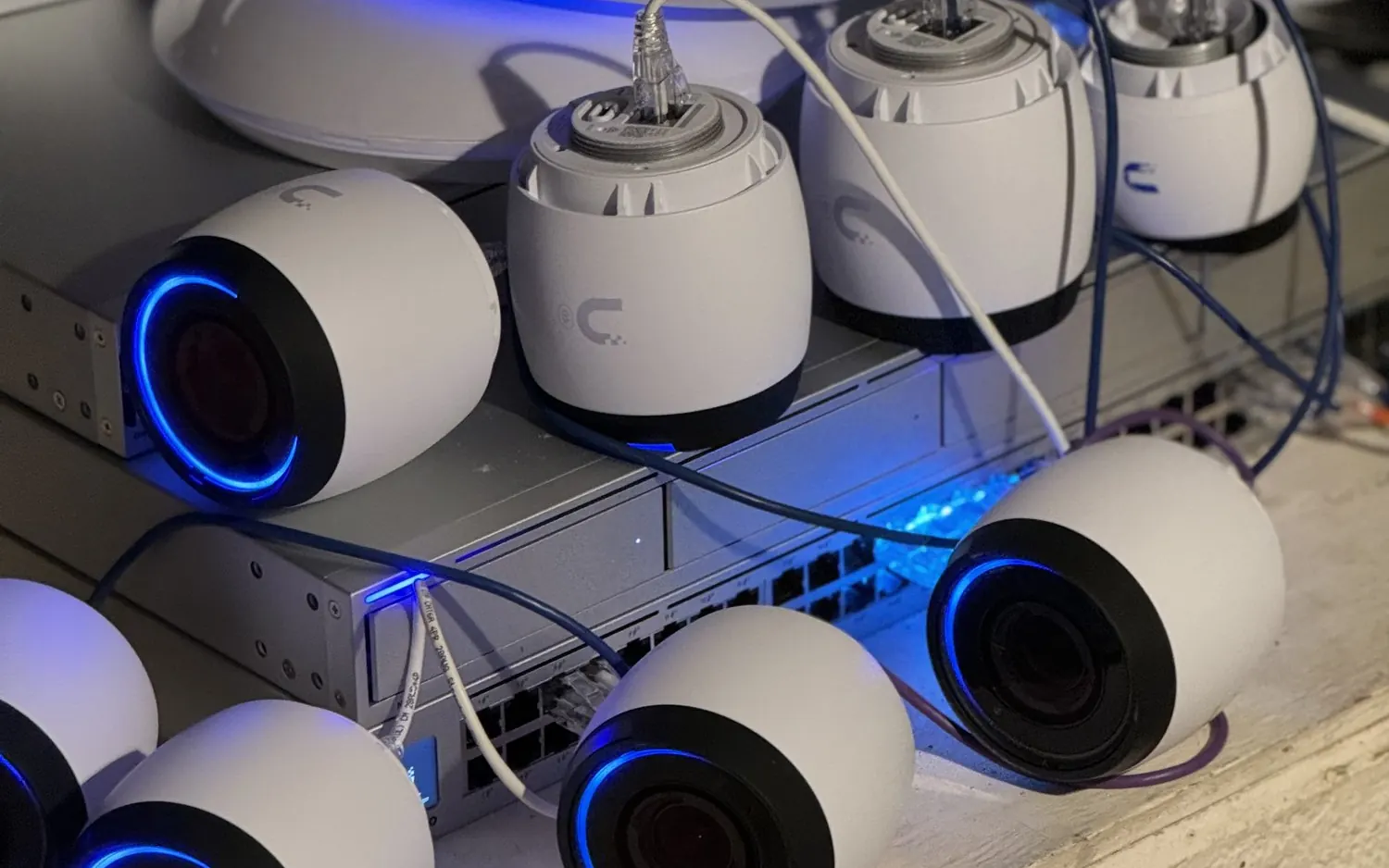 UniFi cameras and access points powered on