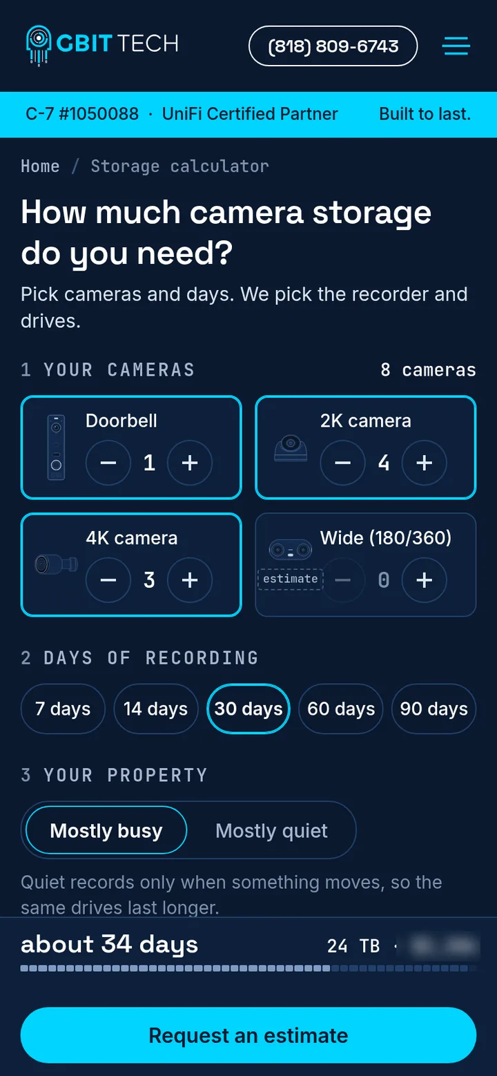 Storage calculator on a phone: camera tiles for Doorbell, 2K, 4K and Wide, day choices from 7 to 90, and a bar showing about 34 days, 24 TB, $2,286 with a Request an estimate button