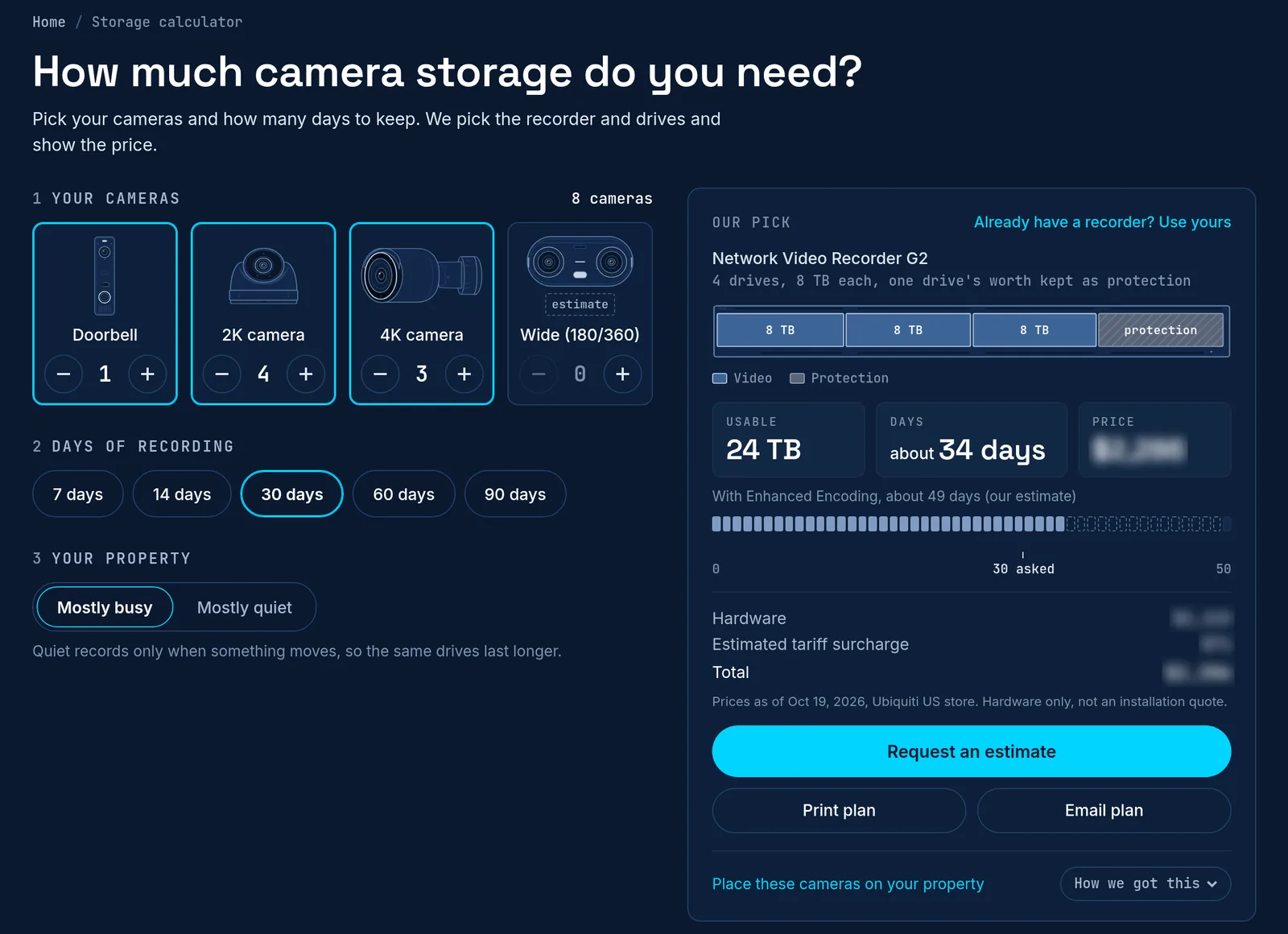Gbit Tech storage calculator with 1 doorbell, 4 2K cameras and 3 4K cameras at 30 days, picking a UniFi Network Video Recorder G2 with four 8 TB drives, 24 TB usable, about 34 days, with the hardware total