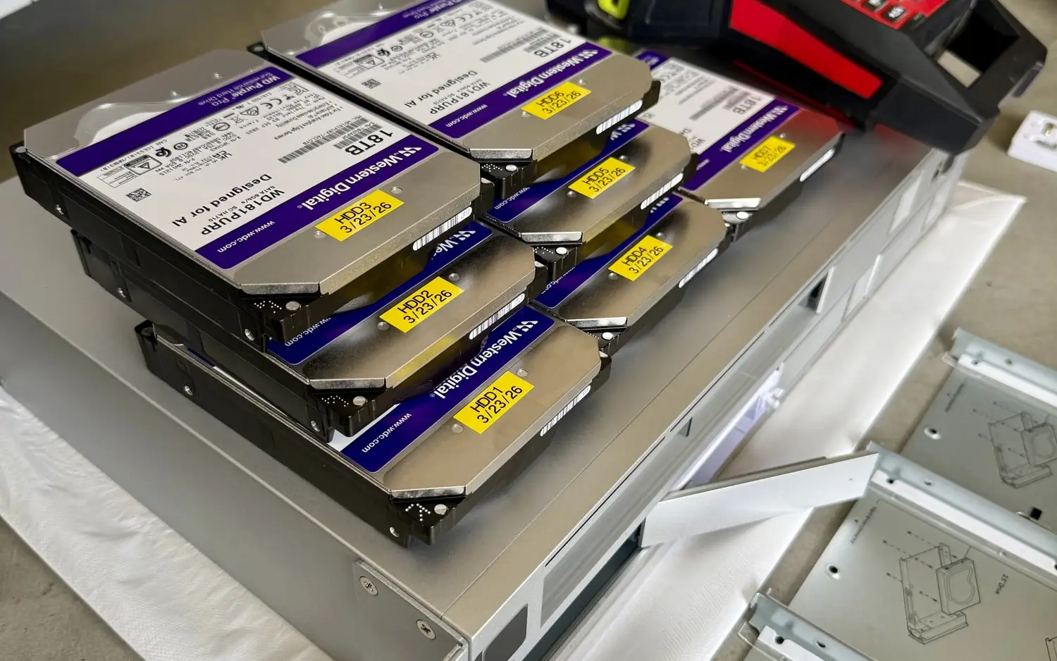 Hard drives on a rack-mount recorder