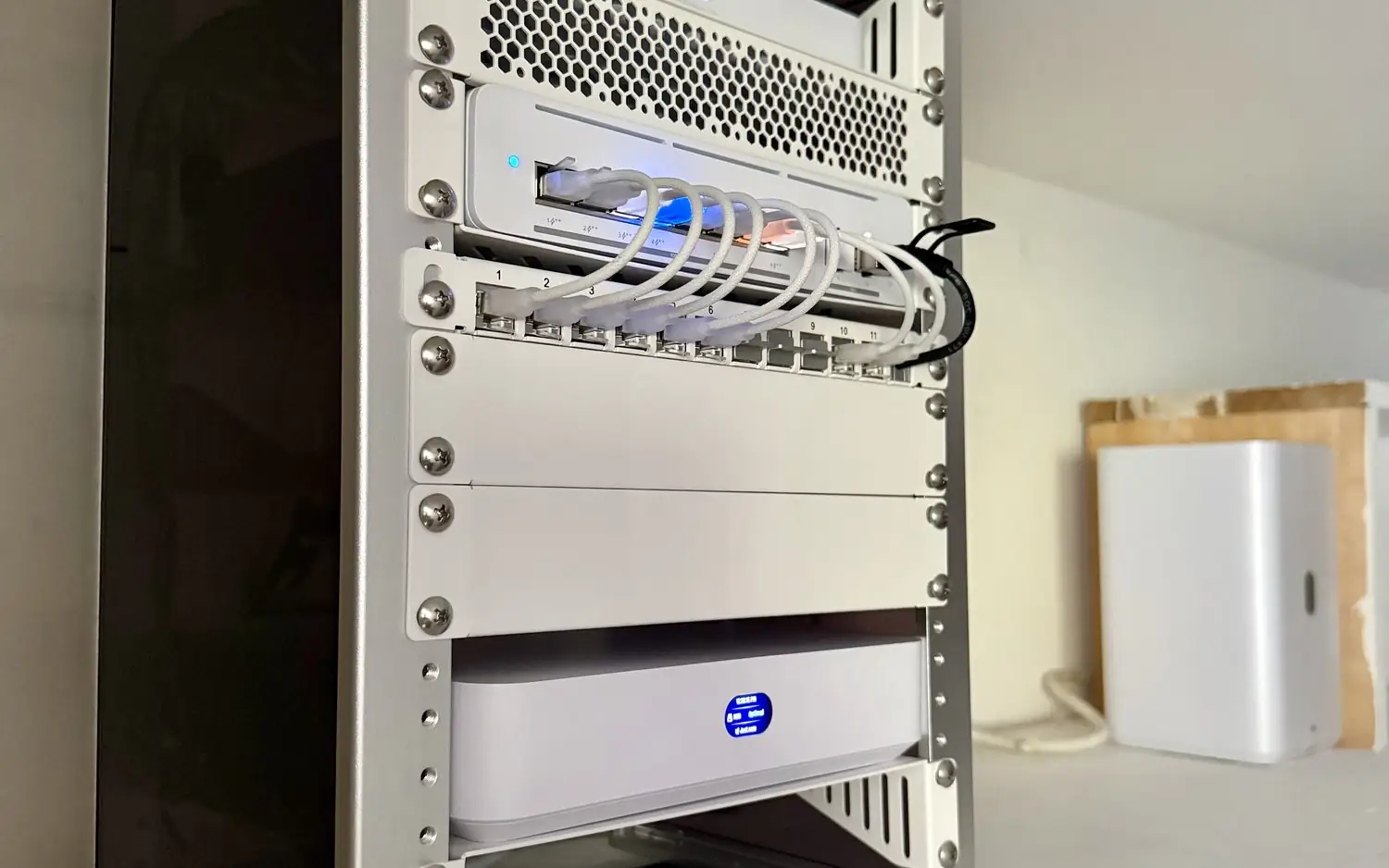Small UniFi rack with a gateway and patch panel